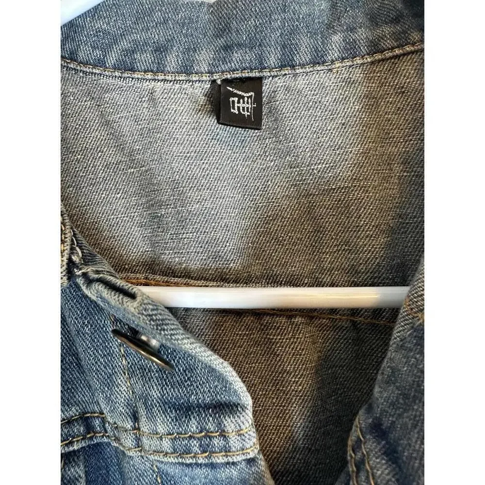 Distressed Denim Motorcycle Jacket Ripped Slashed Patched